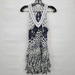 Poupette St Barth Women Blue Ruffle Boho Tiered V Neck Beline Mini Dress Small